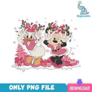 pinkdisneychristmas_20.png Two cartoon animal girls in pink festive outfits with antler string lights and pink Christmas tree