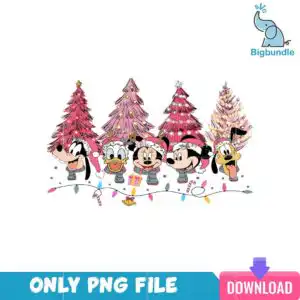 pinkdisneychristmas_3.png Five cartoon animal figures in winter hats with pink Christmas trees and lights