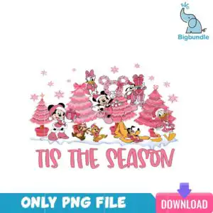 pinkdisneychristmas_8.png Cartoon animal group with three pink Christmas trees in pots and TIS THE SEASON lettering