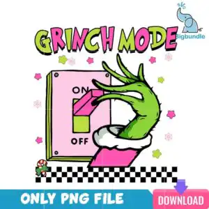 pinkgrinch2_1.png Cartoon green furry hand with white trim flipping pink light switch with GRINCH MODE text
