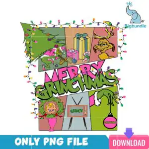 Festive collage with green Grinch in Santa suit tangled in Christmas tree with gifts and yellow dog