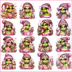pinkgrinchgirlbundle.jpg Green furry character with pink leopard beanie and iced drink with Extra Grinchy text