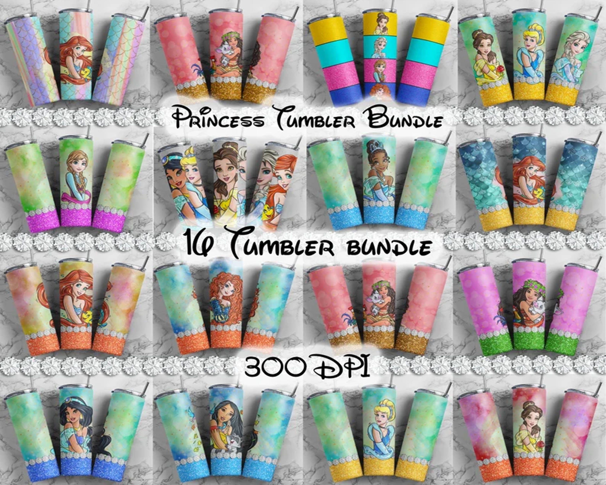 Princess tumbler designs | 16 princess Tumbler Wrap design bundle | Digital File 20z skinny tumbler Sublimation | Digital Download | PNG