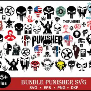 Collage of Punisher skull variations with American flag and guns in black and red