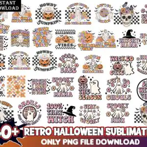 Grid of retro Halloween text designs with ghosts, pumpkins and spooky phrases in orange pink and purple