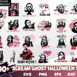 screamghostbundle.jpg Collage of Scream Ghost Halloween designs with hooded masked figures holding telephones and pink hearts