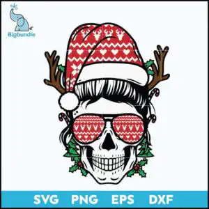 Cartoon skull wearing red Santa hat with fair isle pattern, patterned sunglasses and reindeer antlers