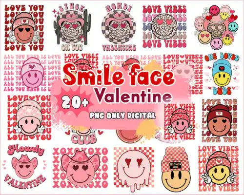 Version 2 - 20+ Smile face bundle, Valentine's day PNG, Valentine sublimation Design Digital Download