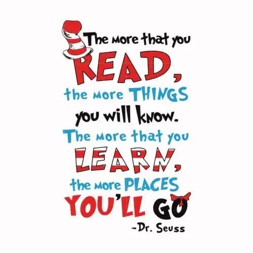 The more that you read the more things you will know the more that you learn the more places you'll go svg, dr seuss svg, eps, png, dxf