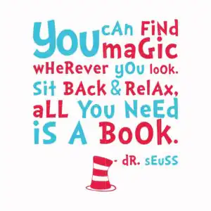 spfwm_copy_15_1856c261-460f-40d1-8d33-f9abdbd0698b.jpg Whimsical hand-lettered reading quote with Cat in the Hat striped hat icon in blue and red
