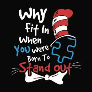 spfwm_copy_15_b9201bcd-714b-417d-aea9-13169a803175.jpg Hand-lettered Why Fit In When You Were Born To Stand Out quote with red striped top hat and blue puzzle piece
