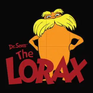 Orange Lorax cartoon character with hands on hips and yellow mustache with The LORAX text