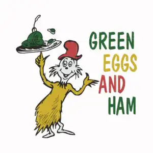 spfwm_copy_35.jpg Sam-I-am in red hat and mustard yellow suit holding silver plate with green ham and GREEN EGGS AND HAM text