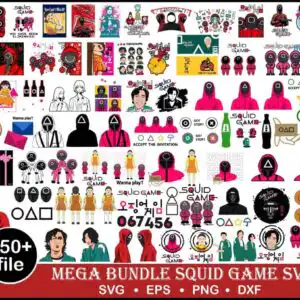 squid-game-bundle-svg-vector-silhouette-birthday-cricut-machine-cutfile-435.jpg Collage preview of chibi Squid Game guards, Young-hee doll, players and symbols on white with red banner