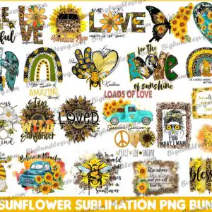 Collage preview of sunflower themed inspirational quotes with sunflowers bees hearts and turquoise trucks