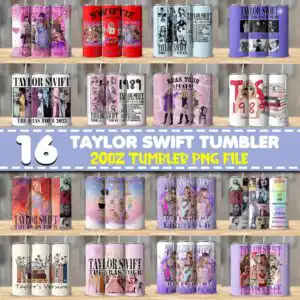 taylortumblerbundle.jpg Grid preview of 16 Taylor Swift tumbler wrap designs with pink, lavender and red backgrounds and block lettering