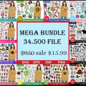 the-ultimate-giga-bundle-svg-mega-34-500-unique-designs-almost-everything-included-102.jpg Promotional collage with a light blue central price banner, a mustard-yellow t-shirt model and pop-culture cut file panels