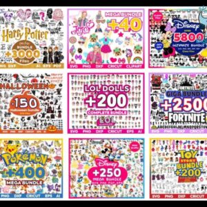 A 3x3 grid of colorful advertisement thumbnails showcases various themed digital file bundles, including collections for Harry Potter, Jojo's, Disney, Halloween, LOL Dolls, Fortnite, Pokemon, and Toy Story. These bundles are part of the "450,000+ Unique SVG Designs - Ultimate Giga & Mega SVG Bundle" and each thumbnail lists the contents and file formats.