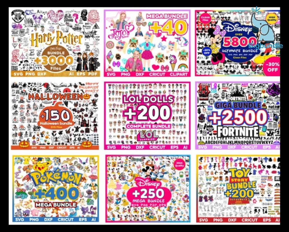 A 3x3 grid of colorful advertisement thumbnails showcases various themed digital file bundles, including collections for Harry Potter, Jojo's, Disney, Halloween, LOL Dolls, Fortnite, Pokemon, and Toy Story. These bundles are part of the "450,000+ Unique SVG Designs - Ultimate Giga & Mega SVG Bundle" and each thumbnail lists the contents and file formats.