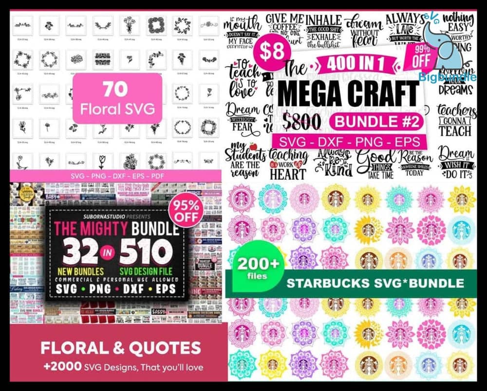 A promotional image showcasing multiple SVG bundles: The top left features a "70 Floral SVG" collection, the center advertises the "450,000+ Unique SVG Designs - Ultimate Giga & Mega SVG Bundle," and the bottom highlights "The Mighty Bundle" with 510 designs alongside a "Starbucks SVG Bundle.