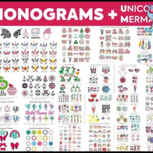 An image with a pink header labeled "Monograms + Unicorns & Mermaids" showcases the vibrant and detailed monogram designs, unicorns, mermaids, and holiday-themed graphics such as Christmas labels found in the 450,000+ Unique SVG Designs - Ultimate Giga & Mega SVG Bundle. Set against a white background with neatly arranged icons, it highlights over 450,000 unique SVG designs.