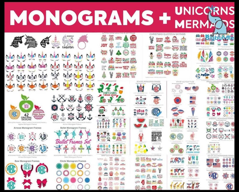 An image with a pink header labeled "Monograms + Unicorns & Mermaids" showcases the vibrant and detailed monogram designs, unicorns, mermaids, and holiday-themed graphics such as Christmas labels found in the 450,000+ Unique SVG Designs - Ultimate Giga & Mega SVG Bundle. Set against a white background with neatly arranged icons, it highlights over 450,000 unique SVG designs.