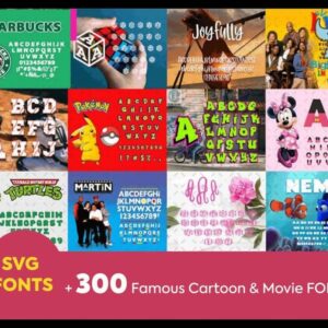 A collage image showcasing various SVG fonts inspired by famous cartoons and movies, including designs resembling Starbucks, Pokemon, Disney's Mickey Mouse, Disney's Nemo, Teenage Mutant Ninja Turtles, and others. The text highlights "450,000+ Unique SVG Designs - Ultimate Giga & Mega SVG Bundle".