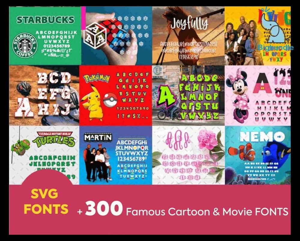 A collage image showcasing various SVG fonts inspired by famous cartoons and movies, including designs resembling Starbucks, Pokemon, Disney's Mickey Mouse, Disney's Nemo, Teenage Mutant Ninja Turtles, and others. The text highlights "450,000+ Unique SVG Designs - Ultimate Giga & Mega SVG Bundle".