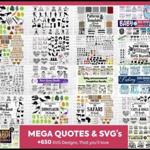 The "450,000+ Unique SVG Designs - Ultimate Giga & Mega SVG Bundle" includes a collage of 450 unique designs for SVG files, featuring patterns, templates, quotes, baby themes, wedding bundles, gym and workout themes, dinosaur and safari themes, fishing motifs, cats and dogs. The text reads "MEGA QUOTES & SVG'S +650 SVG Designs That You'll Love.