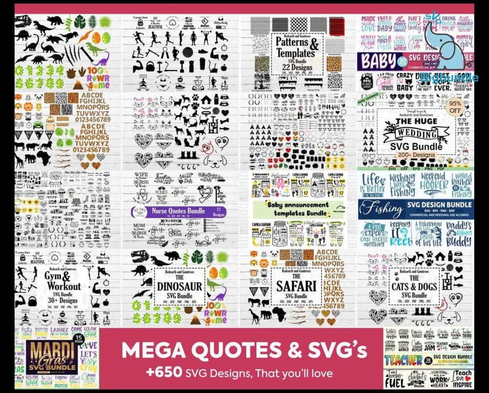 The "450,000+ Unique SVG Designs - Ultimate Giga & Mega SVG Bundle" includes a collage of 450 unique designs for SVG files, featuring patterns, templates, quotes, baby themes, wedding bundles, gym and workout themes, dinosaur and safari themes, fishing motifs, cats and dogs. The text reads "MEGA QUOTES & SVG'S +650 SVG Designs That You'll Love.