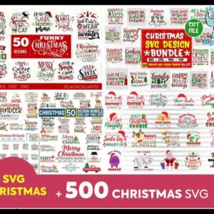 A collage features various Christmas-themed SVG designs, including festive phrases, images of Santa, reindeer, snowflakes, and Christmas trees. Predominantly using red, green, and white colors in the designs. At the bottom, the text reads "450,000+ Unique SVG Designs - Ultimate Giga & Mega SVG Bundle.