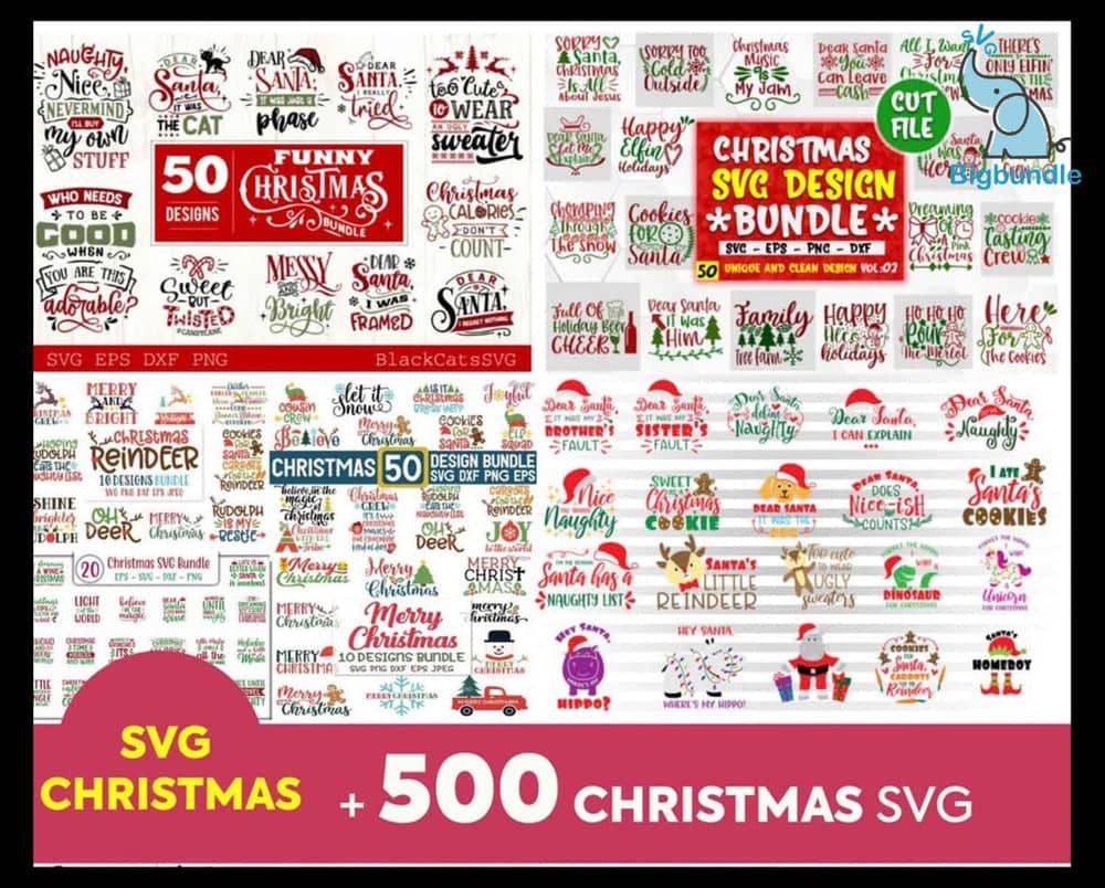 A collage features various Christmas-themed SVG designs, including festive phrases, images of Santa, reindeer, snowflakes, and Christmas trees. Predominantly using red, green, and white colors in the designs. At the bottom, the text reads "450,000+ Unique SVG Designs - Ultimate Giga & Mega SVG Bundle.