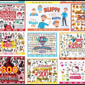 A collage showcasing the ultimate collection of digital SVG/PNG design bundles, featuring over 450,000 unique designs. Themes in this bundle include popular characters and franchises such as Stranger Things, Blippi, PAW Patrol, Deadpool, Donald Duck, Snoopy and Peanuts, and Hello Kitty. The extensive variety and usage of each bundle are prominently highlighted.