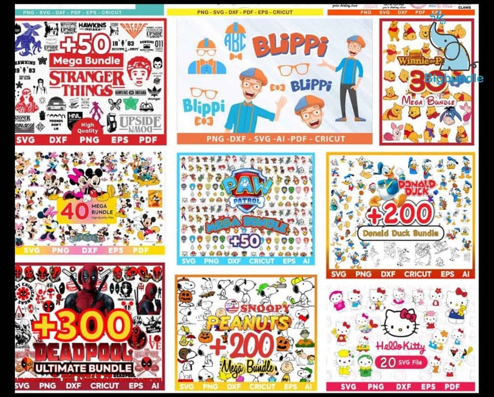 A collage showcasing the ultimate collection of digital SVG/PNG design bundles, featuring over 450,000 unique designs. Themes in this bundle include popular characters and franchises such as Stranger Things, Blippi, PAW Patrol, Deadpool, Donald Duck, Snoopy and Peanuts, and Hello Kitty. The extensive variety and usage of each bundle are prominently highlighted.