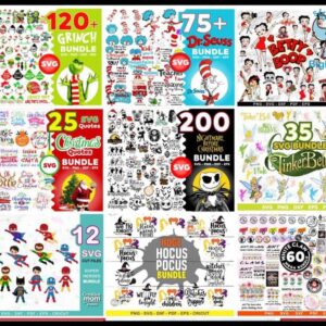 A collage featuring nine rectangular sections, each highlighting different themed SVG bundles from our 450,000+ Unique SVG Designs - Ultimate Giga & Mega SVG Bundle. Themes include Grinch, Dr. Seuss, Betty Boop, Christmas quotes, Nightmare Before Christmas, Tinker Bell, superheroes, Hocus Pocus, and other miscellaneous designs.