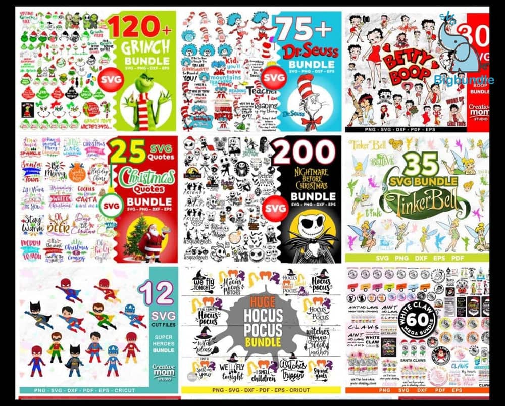 A collage featuring nine rectangular sections, each highlighting different themed SVG bundles from our 450,000+ Unique SVG Designs - Ultimate Giga & Mega SVG Bundle. Themes include Grinch, Dr. Seuss, Betty Boop, Christmas quotes, Nightmare Before Christmas, Tinker Bell, superheroes, Hocus Pocus, and other miscellaneous designs.