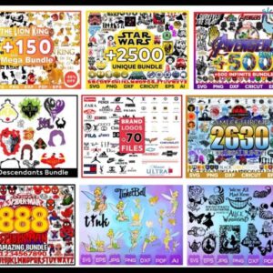 A collage of digital design bundles includes Lion King, Star Wars, Avengers, Descendants, Brand Logos, Game of Thrones, Spider-Man, Tinker Bell, and Alice in Wonderland. The "450,000+ Unique SVG Designs - Ultimate Giga & Mega SVG Bundle" features these 450+ bundles with an extensive collection of designs in various file formats like SVG, PNG, EPS, and PDF.