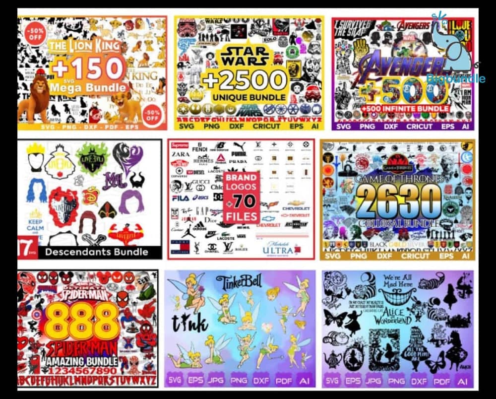 A collage of digital design bundles includes Lion King, Star Wars, Avengers, Descendants, Brand Logos, Game of Thrones, Spider-Man, Tinker Bell, and Alice in Wonderland. The "450,000+ Unique SVG Designs - Ultimate Giga & Mega SVG Bundle" features these 450+ bundles with an extensive collection of designs in various file formats like SVG, PNG, EPS, and PDF.