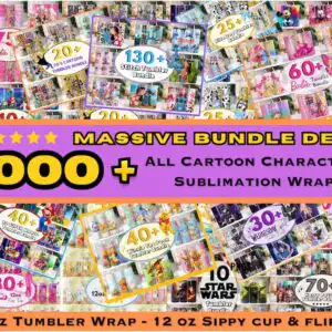 tumbler3dbundle1000.jpg Promotional collage preview with purple banner and tumbler mockups showing cartoon characters sublimation wraps
