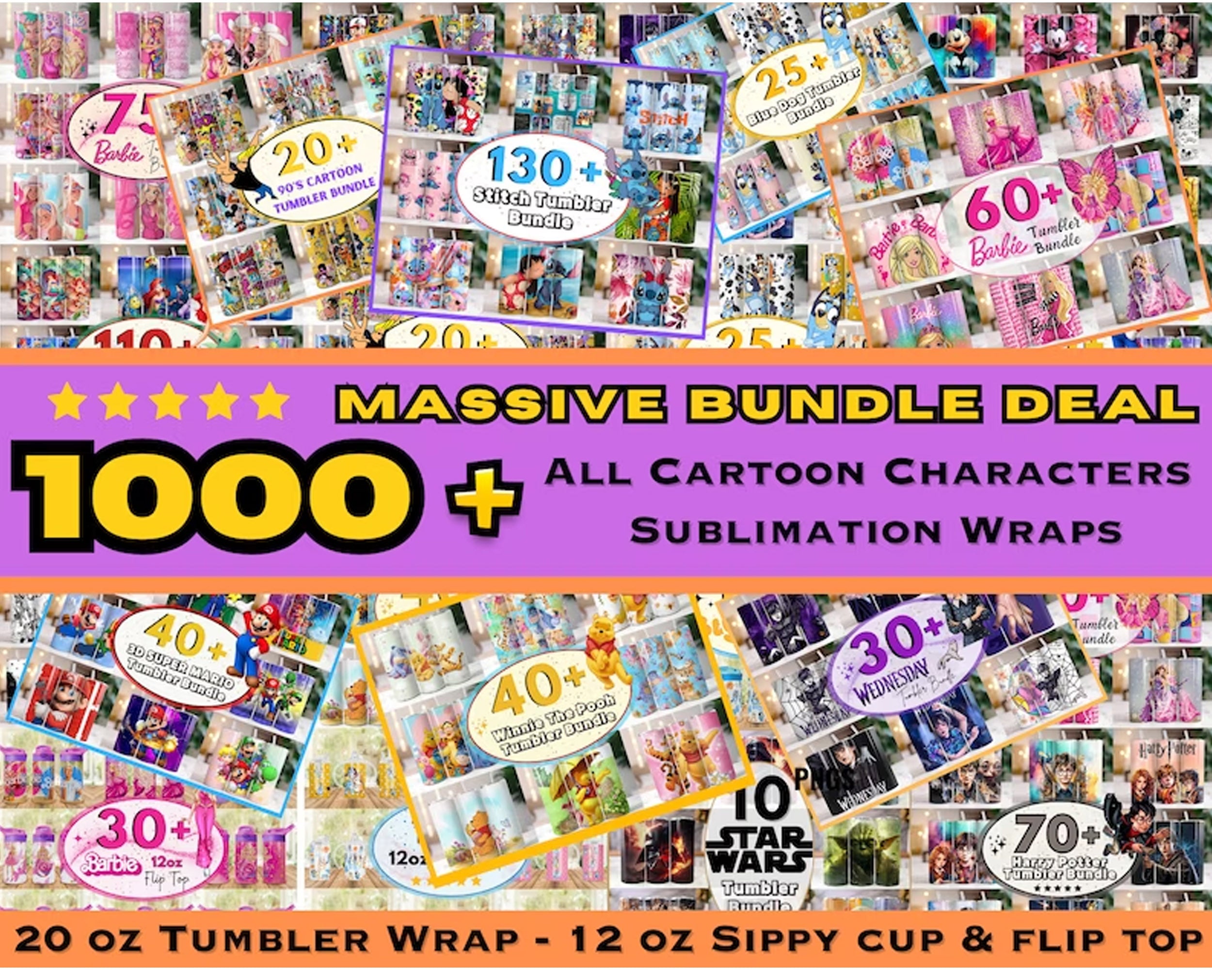 1000+ 20oz Cartoon Tumbler Bundle, All Cartoons Character Sublimation, Stitch Tumbler
