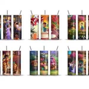 Encanto tumbler wrap with Mirabel, Isabela, Luisa, Antonio and Casita house in vibrant colors