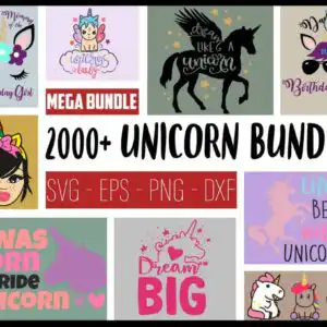 Grid preview of cartoon unicorn birthday bundle with baby unicorns and party lettering