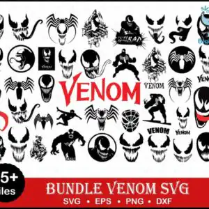 venom-svg-bundle-png-dxf-files-for-cricut-clipar-silhouette-831.jpg Venom Spider SVG bundle preview showing fanged masks and spider logos in black white and red