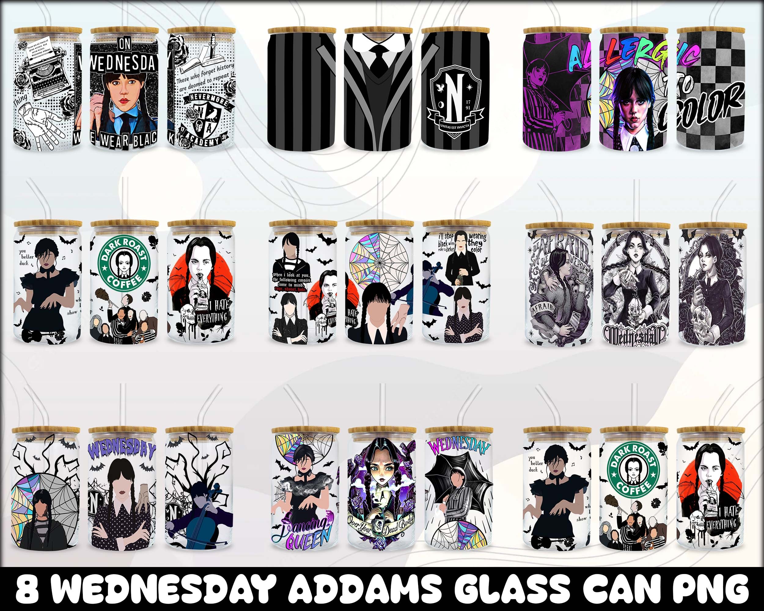 Version 2 - 8 Wednesday Addams Glass Can Wrap PNG, 16oz Libbey Can Glass, Addams Sublimation bundle