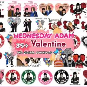 wednesdayvalentinepngbundle5.99_1.jpg Gothic Valentine's Day clip art with Wednesday Addams and Adam characters, red roses, dripping hearts and spider webs
