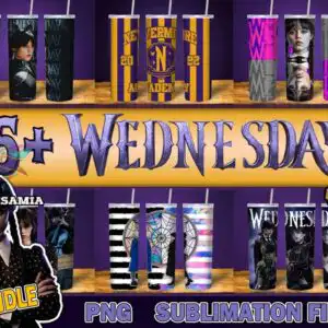 wedtumbler25.jpg Gothic Wednesday Addams tumbler wraps with portraits and Nevermore crest on dark purple background