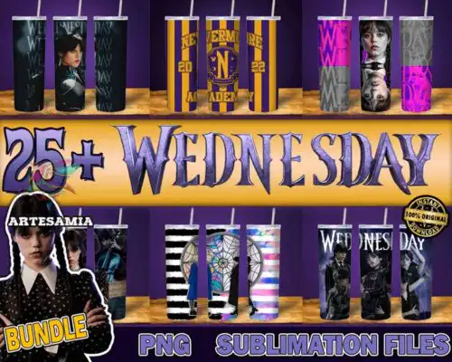 wedtumbler25.jpg 25 Wednesday Addams Skinny Tumbler 20oz Sublimation Wrap, Netflix series bundle, Digital Download