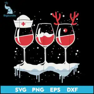 Three wine glasses with nurse cap and antlers on snowy base with red fill, cartoon style