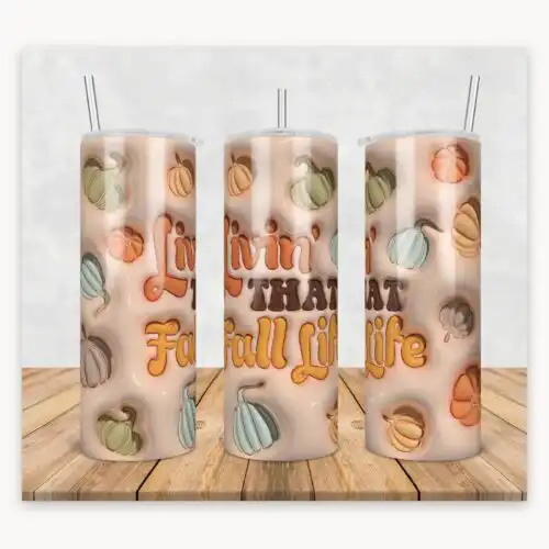 3D Inflated Puff Livin That Fall Life Retro Pumpkin Tumbler Wrap — A repeating pattern of pumpkins and gourds with a fall-the