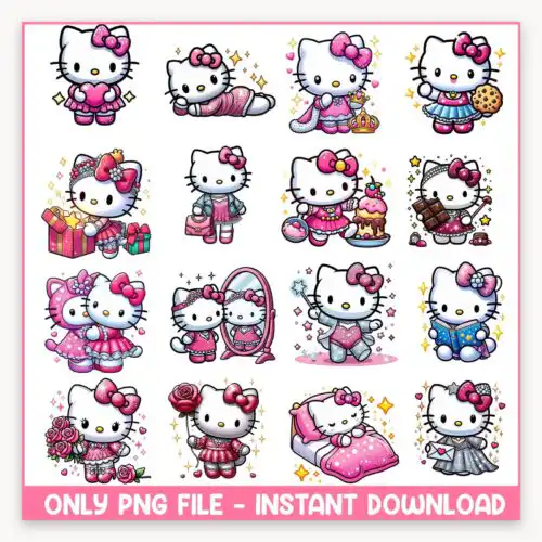 All 16 designs in the hello kitty valentine shirt png bundle shown together